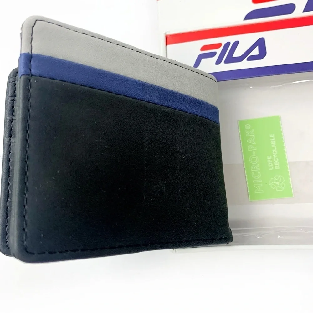 Fila Black Bifold Wallet w/ Blue & Grey Stripe • 9 Card Slots • Gift Box